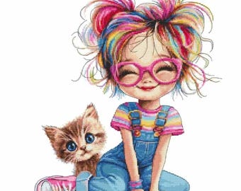 Patrón de punto de cruz PDF - Niña colorida con un gato, archivos PDF y HKS.