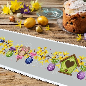 Long table runner with Easter eggs digital counted  cross stitch