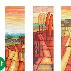 May include: Three abstract landscape paintings in a cubist style with a focus on geometric shapes and colours. The paintings feature a road leading through a field with houses and trees in the background. The colours are predominantly red, orange, yellow, and green.