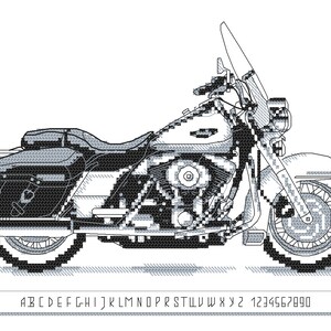 May include: Black and white pixel art illustration of a motorcycle. The motorcycle has a large windshield, a saddlebag on the left side, and a large engine.