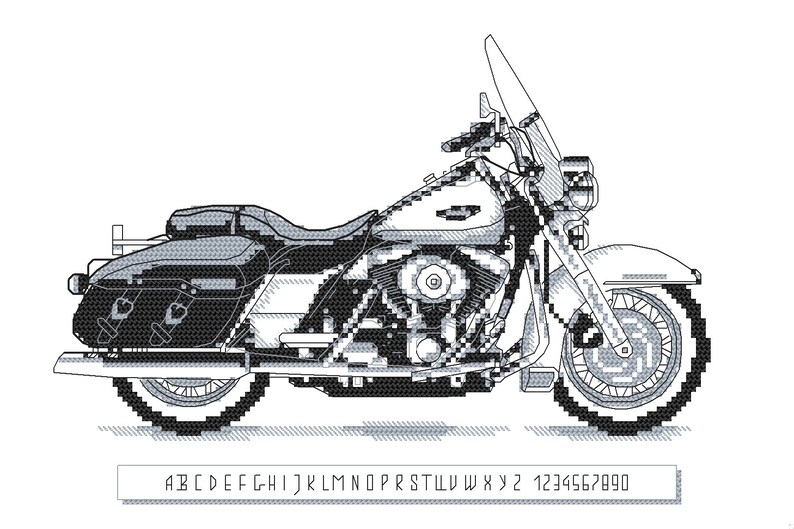 May include: Black and white pixel art illustration of a motorcycle. The motorcycle has a large windshield, a saddlebag on the left side, and a large engine.