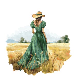 May include: A woman in a green dress and a straw hat stands in a field of tall grass. The woman is facing away from the viewer and looking out at the horizon.