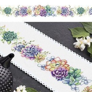 Chemin de table long avec plantes succulentes, patron numérique de point de croix compté, PDF, .hks - Modèle pour smartphone,  instantané.