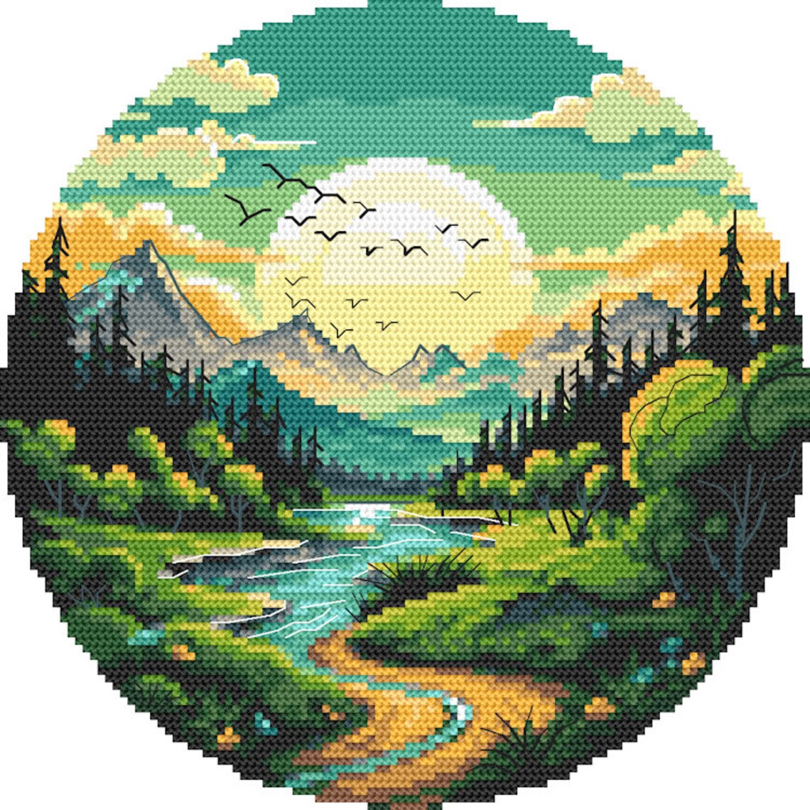 Landscape Cross Stitch Pattern PDF - Mountain Valley, Sunset Over the ...