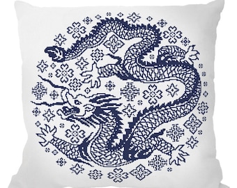 Oriental pillow- digital cross stitch pattern, Pillow - Chinese porcelain, dragon PDF