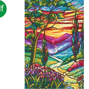 Op de afbeelding: Een kleurrijke illustratie in de stijl van een glas-in-loodraam met een kronkelend pad, een boom en bloemen. De lucht is een levendig oranje en roze met blauwe wolken.