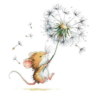 May include: A cross-stitch design of a small mouse holding onto a dandelion. The mouse has brown and tan fur, pink ears, and a long tail. The dandelion is white with a green stem, and several seeds are floating away.