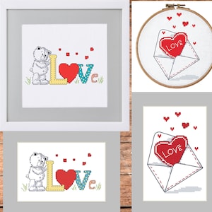 Cartes postales - Ours en peluche love, Enveloppe avec un coeur, motif point de croix moderne
