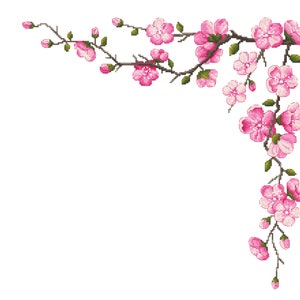 May include: A delicate branch of pink cherry blossoms with green leaves, arranged in a corner design.