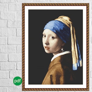 Meisje met parel - J. Vermeer Digitaal geteld kruissteekpatroon in PDF-formaat, Schilderen,