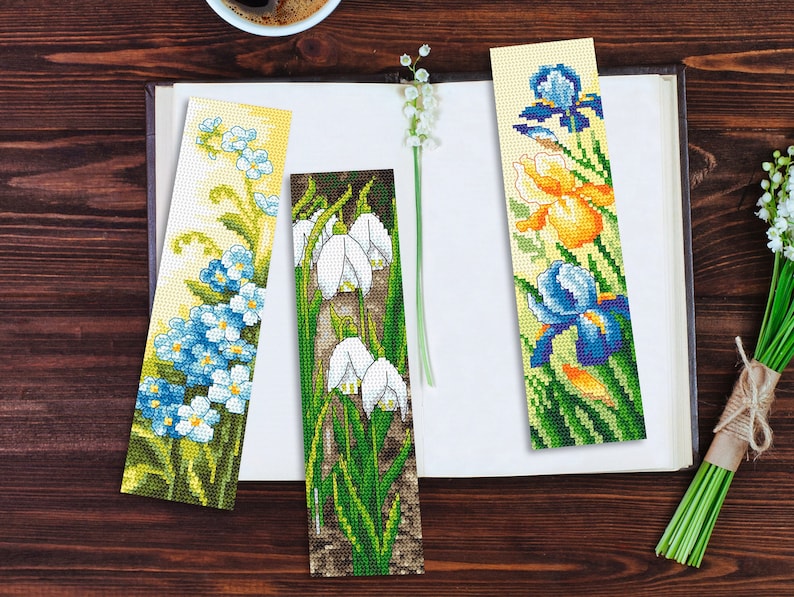 3 Floral Bookmarks - Irises, Snowdrops, Forget-me-nots Digital Patterns ...