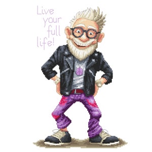 Peut inclure: Une illustration de dessin animé d'un homme avec des cheveux blancs et une barbe portant une veste en cuir noire, un pantalon violet et des lunettes. Le texte "Live your full life!" est écrit en violet au-dessus de l'homme.