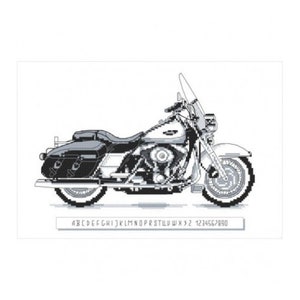 May include: Black and white pixel art illustration of a classic motorcycle. The motorcycle has a large, chrome front fender and a black leather saddlebag.