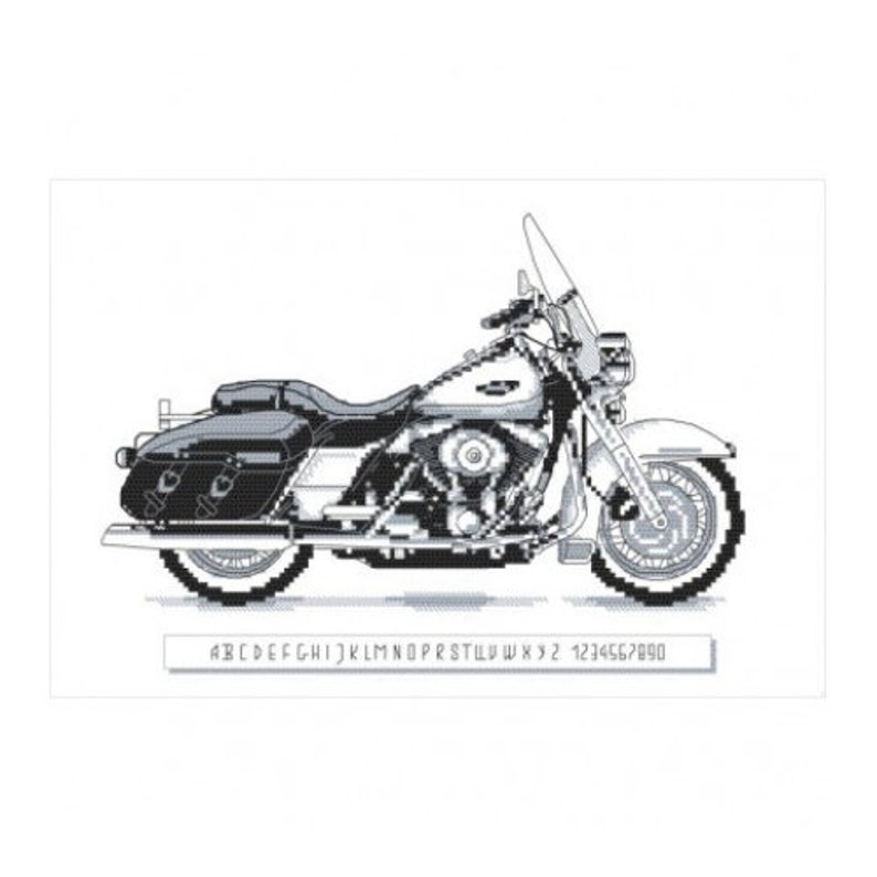 May include: Black and white pixel art illustration of a classic motorcycle. The motorcycle has a large, chrome front fender and a black leather saddlebag.