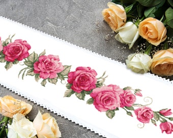 Camino de mesa largo con rosas patrón punto de cruz contado digital, PDF