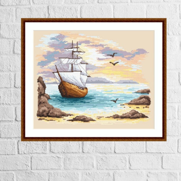 Sailin ship in an azure creek  digital pattern for cross stich ,A journey into the unknown  PDF ,Sailin ship , Cross stitch pattern navy