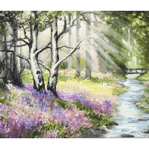 Forest stream Digital  Stitch Pattern , Spring forest  Counted Cross Stitch pattern in PDF  format,