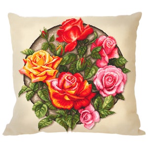 Bouquet of roses - perfect for a decorative pillow and for a painting , Colorfull roses, digital cross stitch pattern PDF