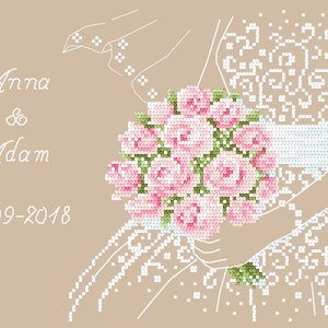 May include: A wedding invitation with a white outline of a bride holding a bouquet of pink roses. The text reads "Anna & Adam 12-09-2018".