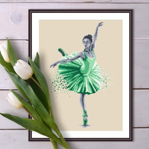 May include: A framed cross-stitch artwork depicting a ballerina in a green tutu, with a pixelated effect around her. The ballerina is posed in a graceful dance move with her leg extended.