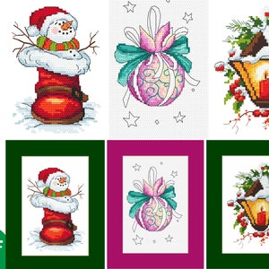 3 Weihnachtspostkarten -mit einer Laterne, mit einer Weihnachtskugel, mit einem Schneemann, Digitale Stichmuster, Pdf, sehr Einfach