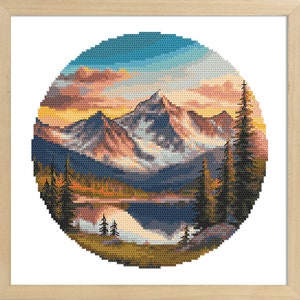 Landscape cross stitch pattern PDF - Lake in the mountains, Mountain lake PDF, Sunset in mountains