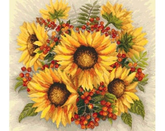 Boeket zonnebloemen met digitaal kruissteekpatroon van lijsterbes