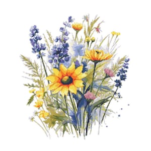 Op de afbeelding: Een aquarel van een boeket wilde bloemen. Het boeket bevat gele zonnebloemen, blauwe lavendel en andere wilde bloemen in tinten geel, blauw en groen.