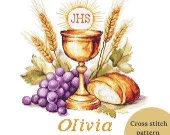 Kreuzstichmuster PDF - Heilige Kommunionkarte - Kelch und Hostie