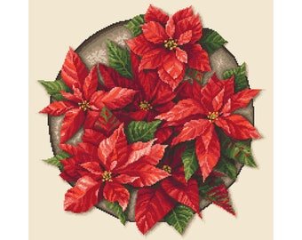 Christmas Poinsettia digital cross stitch  pattern, Winter  bouquet  PDF,