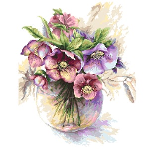 Paarse hellebores digitaal kruissteekpatroon, romantisch boeket voor cadeau, PDF,
