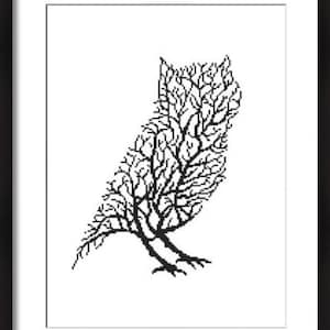 Op de afbeelding: Zwart-witte lijntekening van een uil gemaakt van takken.