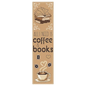 Può includere: Un segnalibro marrone con il testo "All I need is coffee & books" e una pila di libri, una tazza di caffè con vapore e chicchi di caffè.