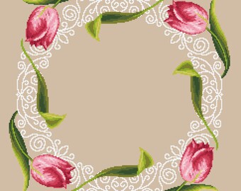 Napkin with tulips digital pattern for cross stitch,