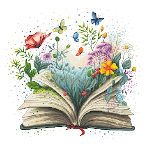 Può includere: Un libro aperto con fiori colorati e farfalle che emergono dalle pagine. Il libro è su uno sfondo bianco.