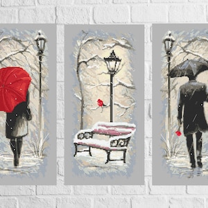 May include: Three winter scenes with a snowy background. The first scene shows a person with a red umbrella walking in the snow. The second scene shows a bench with snow on it. The third scene shows a person with a black umbrella walking in the snow.