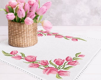Napkin with pink tulips digital  pattern for cross stitch, Flowers  PDF counted  cross stich,