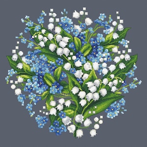 Bloemen: lelietje-van-dalen en vergeet-mij-nietjes, digitaal patroon voor kruissteek, pdf, .hks- smartphonepatroon, patroon om direct te downloaden.
