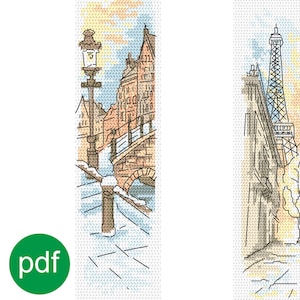 Bookmarks with journeys - Greetings from Paris, Bridge of lovers digital patterns for cross stitch