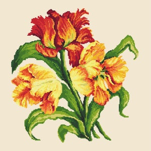 Ponto cruz de tulipas, PDF digital de flores da primavera, ponto cruz contado de tulipas perfeito para travesseiro