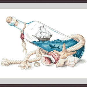 Sea in a bottle digital cross stitch pattern PDF, Cross stitch pattern navy