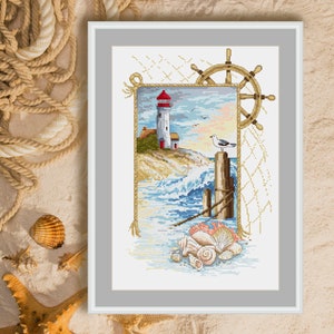 lighthouse on the coasts digital cross stitch pattern PDF, Cross stitch pattern navy