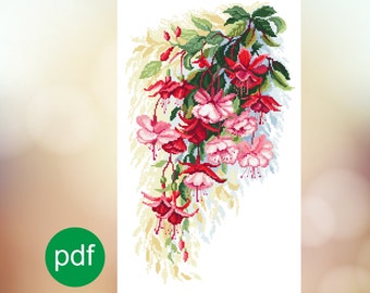 Digitalt korsstygnsmönster med vackra fuchsior i pdf-format, .hks – smartphone-mönster, omedelbar nedladdning.