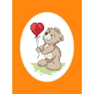 Cartão de felicitações - Ursinho com balão (em formato de coração) PDF digital, Padrão de ponto cruz contado em PDF, Pintura,
