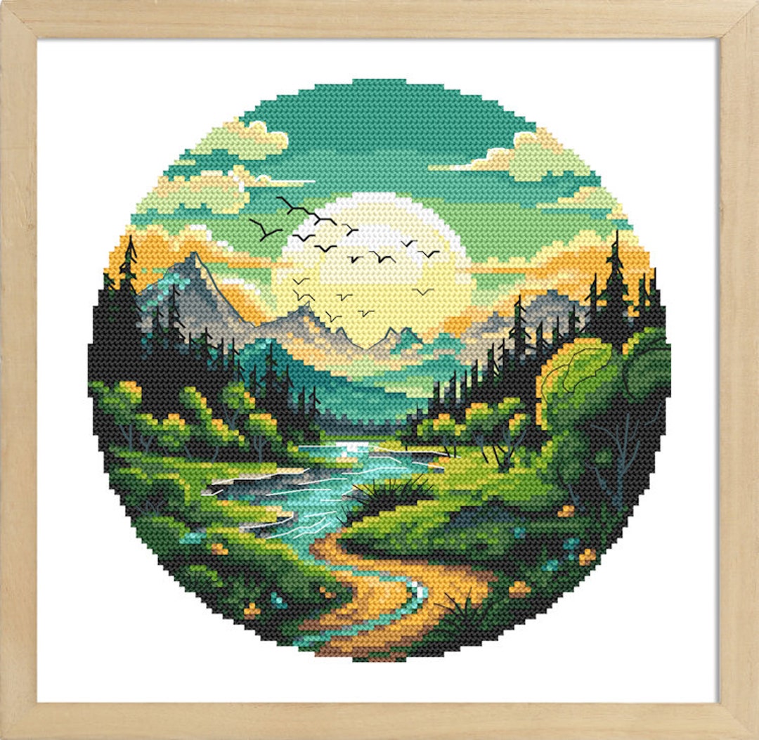 Landscape Cross Stitch Pattern PDF - Mountain Valley, Sunset Over the ...