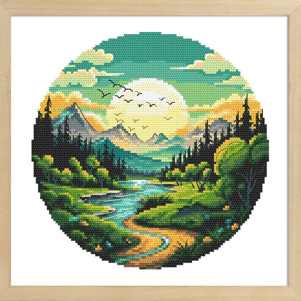Landscape cross stitch pattern PDF - Mountain valley, Sunset over the valley, Fairytale sunset pdf, hks phone pattern.