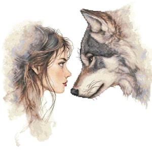 Puede incluir: Un diseño de punto de cruz que presenta a una mujer y un lobo en una vista de perfil de primer plano. La mujer tiene el pelo largo castaño y está mirando al lobo. El lobo tiene pelaje gris y marrón. El fondo es blanco.