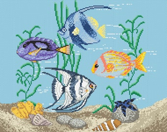 Pillow - Aquarium digital cross stitch pattern, Fish cross stitch pattern