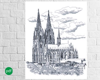Modèle de point de croix de la cathédrale de Cologne, Köln Pdf, Cathédrale gothique de Cologne, modèle facile, .pdf, .hks- pour smartphone, téléchargement immédiat