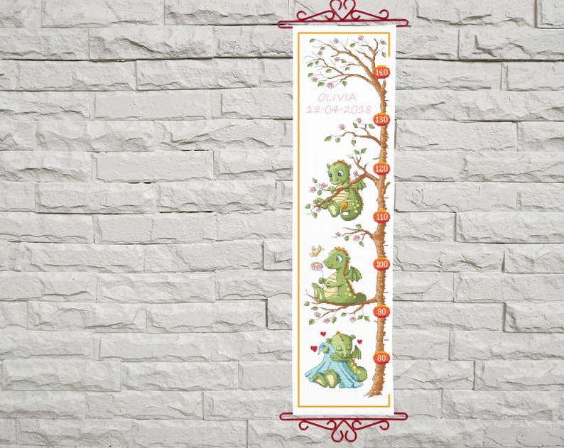 Measure of growth Little dragons Modern Cross Stitch Pattern, Children Pdf Digital Cross Stitch Pattern, Gift , Cats for kids, image 1